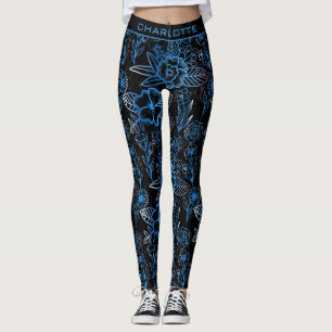 Große Blüte Blumenmuster Blau personalisierter Nam Leggings