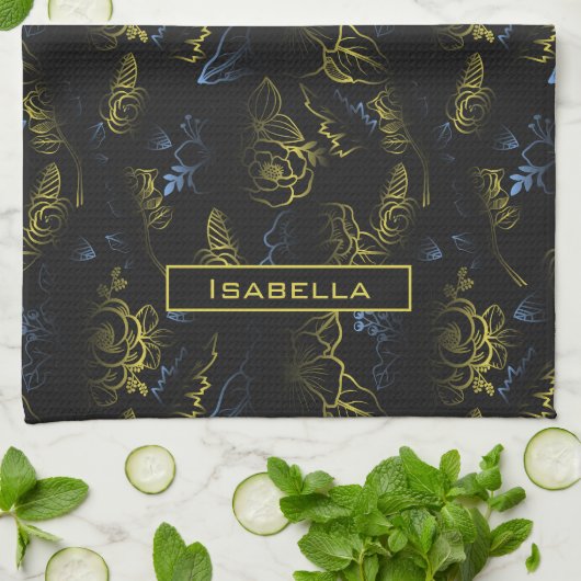 Große Blüte Blumenmuster personalisierter Name Geschirrtuch (Gefaltet)