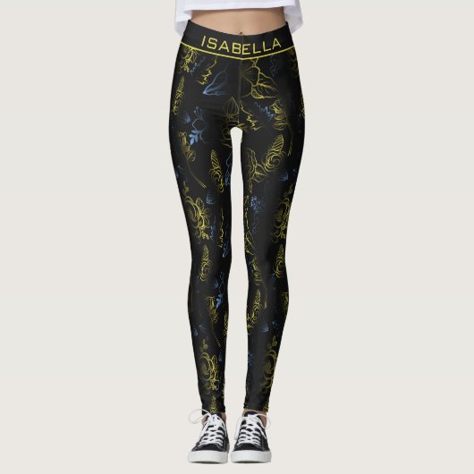 Große Blüte Blumenmuster personalisierter Name Leggings (Vorderseite)