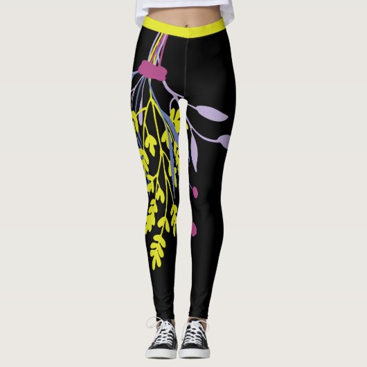 Große, bunt grüne Lila botanische Leggings (Vorderseite)