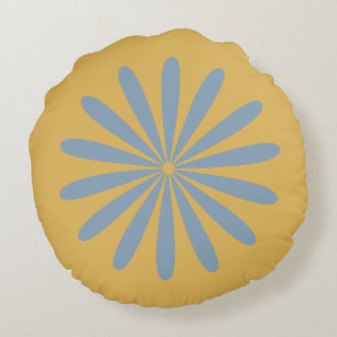 Große Daisy Retro Minimal Blumen Hellblau Senf Rundes Kissen