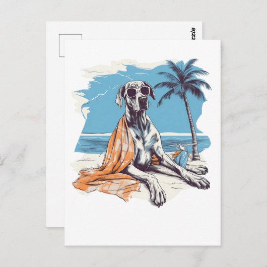 Große Däne mit Sonnenbrille am Strand Postkarte (Vorne/Hinten)