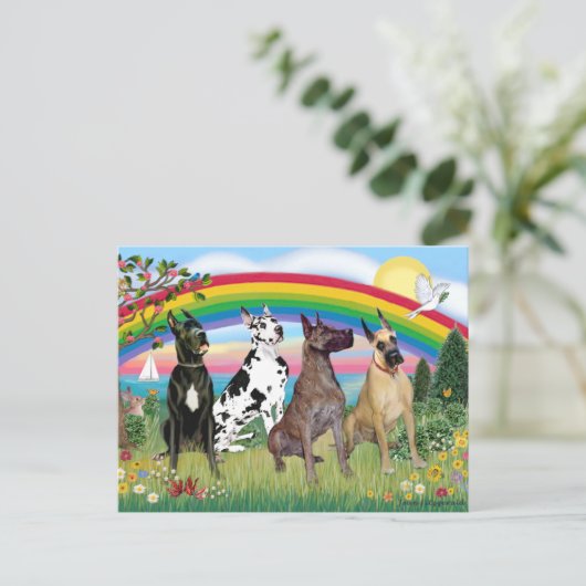 Große Dänen (vier) - Rainbow Bright Postkarte (Stehend Vorderseite)