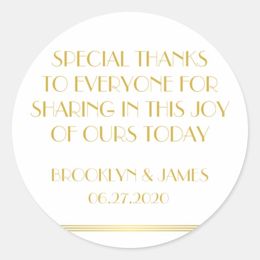 Große Dankbarkeit Gold Great Gatsby Hochzeitsticke Runder Aufkleber (Vorderseite)