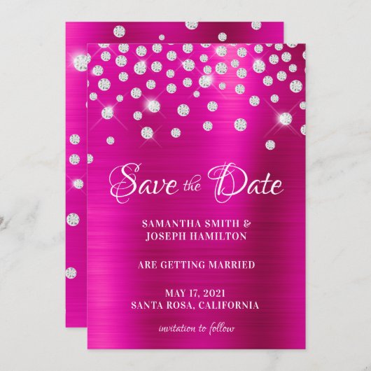 Große Diamond Confetti Hot Pink Ombre Folie Save The Date (Vorne/Hinten)