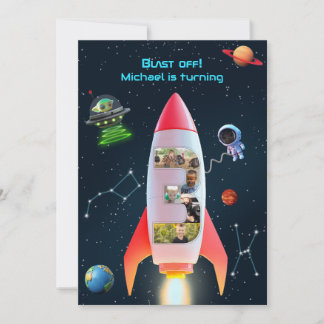Große Drei mit Fotos | Rocket Space 3. Geburtstag Einladung