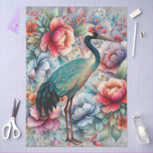 Große elegante Wasserfarben Florals & Crane Decoup Seidenpapier