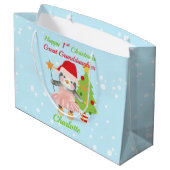 Große Enkeltochter Happy 1. Weihnachtspenguin Geschenktüte (Rückseite Schrägansicht)