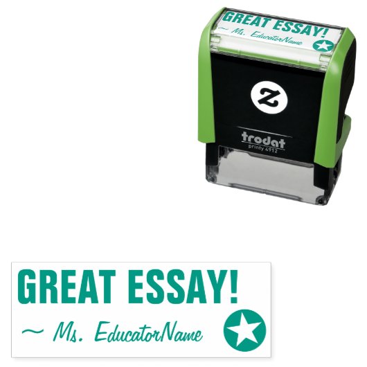 "GROSSE ESSAY!" + Lehrername Kautschuk-Briefmarke Permastempel (Beispiel)
