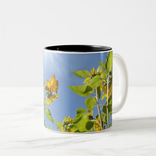 große Extrabiene auf Sonnenblume Zweifarbige Tasse (VorderseiteRechts)