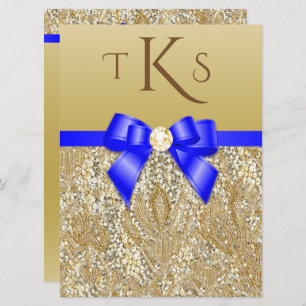 Große Faux Gold Sequins Royal Blue Bow Wedding Einladung