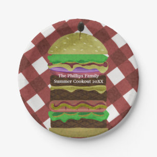 Große fettige Hamburger-Sommer-Cookout-Rote-BBQ-Pa Pappteller