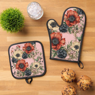 Große Florals in reichhaltigem Rostrot, Tiefpurpur Ofenhandschuh & Topflappen-Set