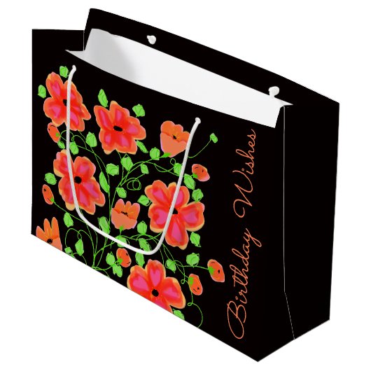 Große Flower Birthday Bag Black and Coral Geschenktüte (Vorderseite Schrägansicht)