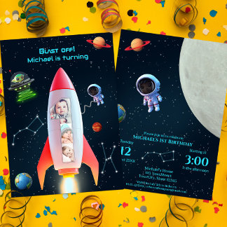 Große FotoCollage | Rocket Space 1. Geburtstag Einladung