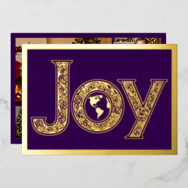 Große Freude mit dem Planeten Erde in Lila, Gold Folien Feiertagskarte