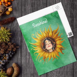 Große gelbe Sonnenblume mit Blick auf Mädchen auf  Postkarte
