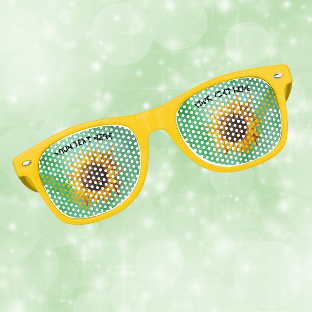 Große gelbe Sonnenblumen mit fancy Blütenblättern  Partybrille (Big yellow sunflower fancy petals on green on fun retro party glasses.)