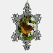 Große geschwungene Fritille auf dem Berg Laurel Schneeflocken Zinn-Ornament (Links)