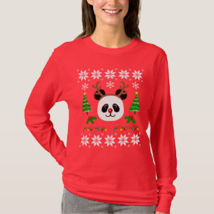 Große Gesichts-Panda-Cartoon-Weihnachtsgeweihe T-Shirt