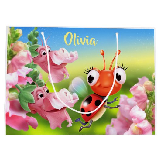 Große Glossgeschenktasche Ladybug & freundliche Bl Große Geschenktüte (Rückseite)