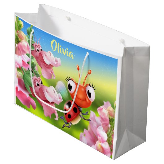 Große Glossgeschenktasche Ladybug & freundliche Bl Große Geschenktüte (Vorderseite Schrägansicht)