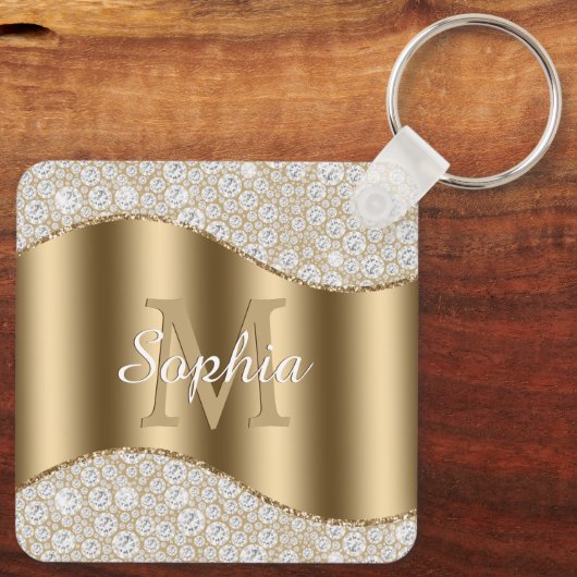 Große Goldmonogramm, weißer Skriptname, Diamanten Schlüsselanhänger (Rückseite)