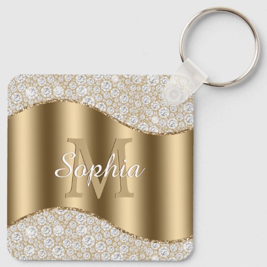 Große Goldmonogramm, weißer Skriptname, Diamanten Schlüsselanhänger (Rückseite)