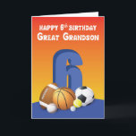 Große Grandson 6. Geburtstagssportbälle Karte<br><div class="desc">Machen Sie einen lustigen Geburtstagsgruß für Ihren Urenkel. Überraschen Sie ihn mit dieser Karte an seinem 6. Geburtstag. Sechs Sportbälle auf der Vorderseite repräsentieren jedes Jahr seines Alters.</div>
