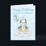 Große Grandson Blue Penguin 2. Geburtstagskarte Karte<br><div class="desc">Eine niedliche Große Grandson 2. Geburtstagskarte für Pinguine. Auf der Karte befindet sich ein Pinguin, der auf einer Wolke sitzt und einen Ballon hält. Ein süßes Design für Ihren Urenkel oder Enkel, der 2 Jahre alt wird. Fügen Sie den Namen des Kindes auf die Vorderseite der Karte, um es für...</div>