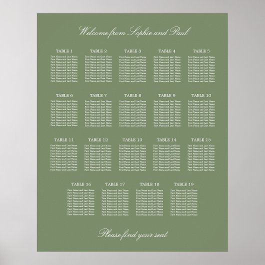 Größe Grün 19 Tabelle Hochzeitsdiagramm Poster (Vorne)