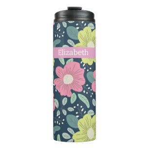 Große helle Blumen dunkel personalisiert Thermosbecher