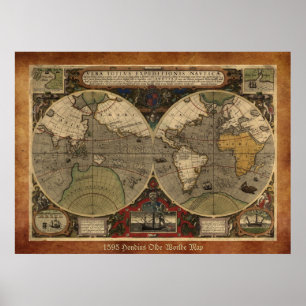 Große historische Karte "1595 World Map of Hondius Poster