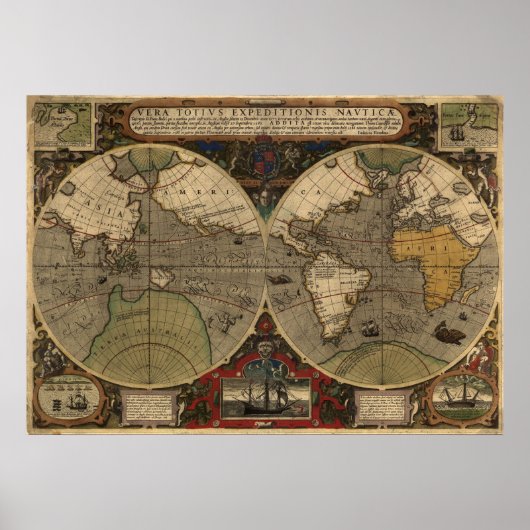 Große historische Karte "1595 World Map of Hondius Poster (Vorne)