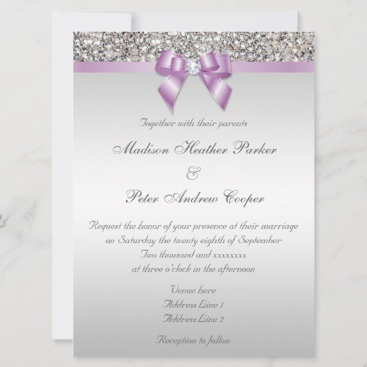 Große Hochzeitsskizzen Silver Sequins Lilac Bow Im Einladung (Rückseite)