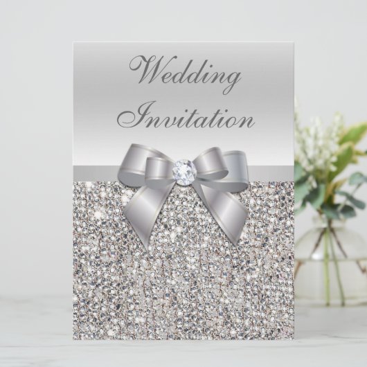 Große Hochzeitsstipps Silver Sequins Bow Einladung (Stehend Vorderseite)