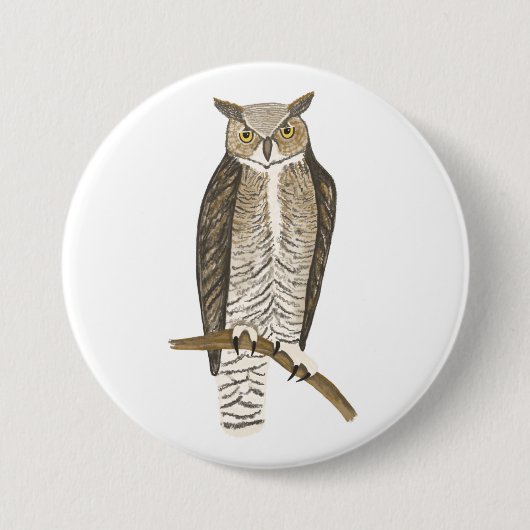 Große Horned Owl Farbige Stift Kunst Button (Vorderseite)