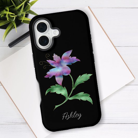 Große irrisierende Blume, Name des Skripts auf sch iPhone 16 Hülle