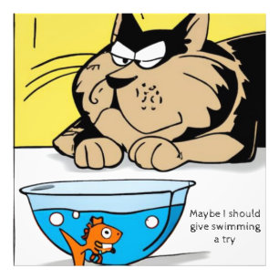 Große Katze, kleiner Goldfisch. Bearbeitbarer Text Fotodruck