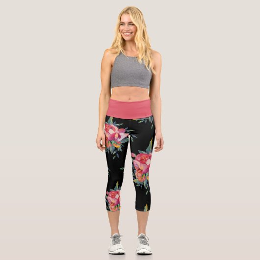 Große kühne Blume Muster auf Schwarzen Capri Leggi Leggings (Vorderseite)