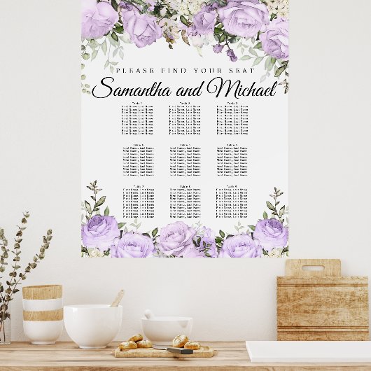 Große Lila 9-Tisch-Hochzeitskarte Poster (Küche)