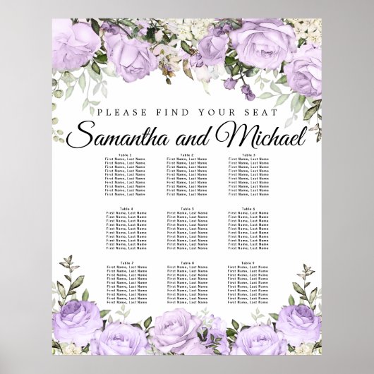 Große Lila 9-Tisch-Hochzeitskarte Poster (Vorne)