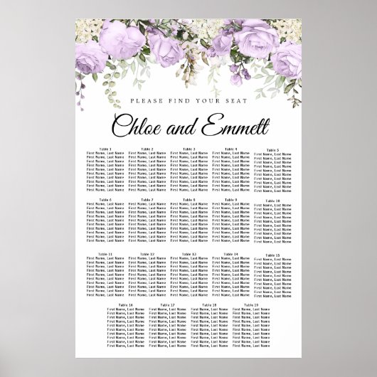 Große Lila Blütenkarte mit 19 Tischen Poster (Vorne)