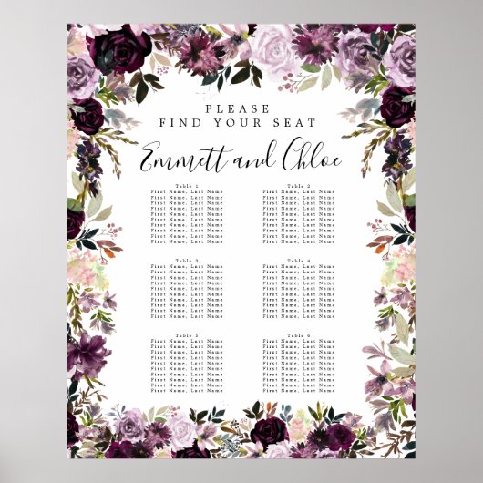 Große, Lila rosa, florale 6-Tisch-Sitzkarte Poster (Vorne)