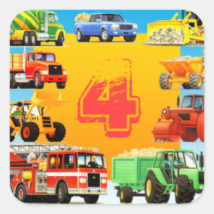 Große LKW-4. Geburtstags-Party-Gewohnheits-Kinder Quadratischer Aufkleber