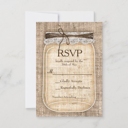 Große Mason Jar & Burlap Lace Rustic Wedding RSVP Karte (Vorderseite)