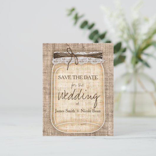 Große Mason Jar & Burlap Lace Rustikal Save the Da Ankündigungspostkarte (Stehend Vorderseite)