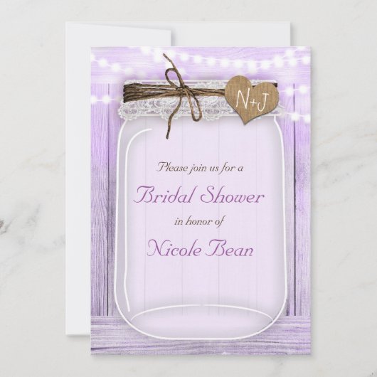 Große Mason Jar & Lights Lavender Lila rustikal Einladung (Vorderseite)