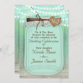 Große Mason Jar & Lights Mint Grün Rustikale Hochz Einladung (Vorne/Hinten)