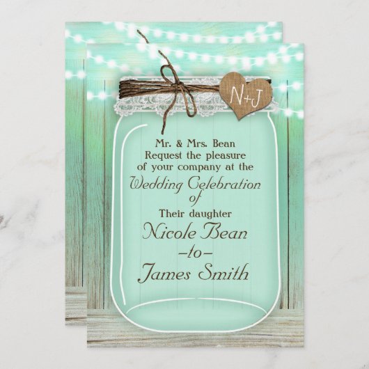 Große Mason Jar & Lights Mint Grün Rustikale Hochz Einladung (Vorne/Hinten)